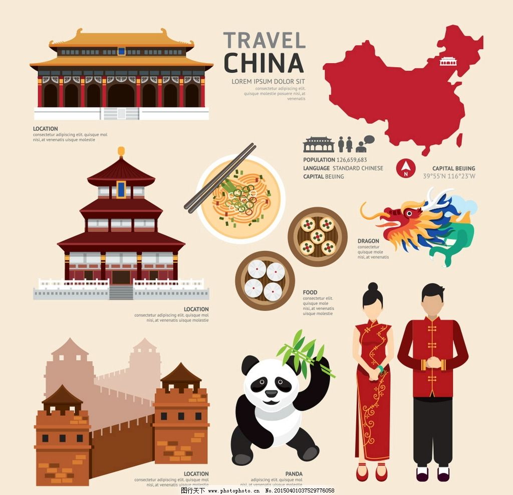 中国 卡通人物 熊猫 长城 中国美食 龙 中国建筑 矢量 eps 设计 文化