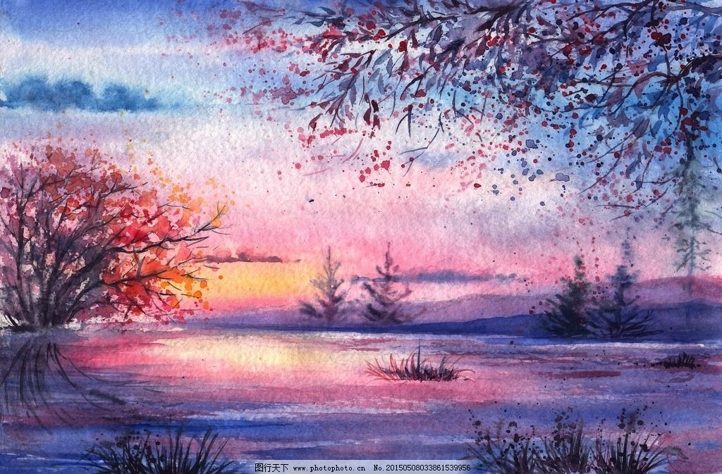 手绘 插画 风景 多姿多彩 树木 天边 水边 黄昏 插画与绘画 设计 其他图片
