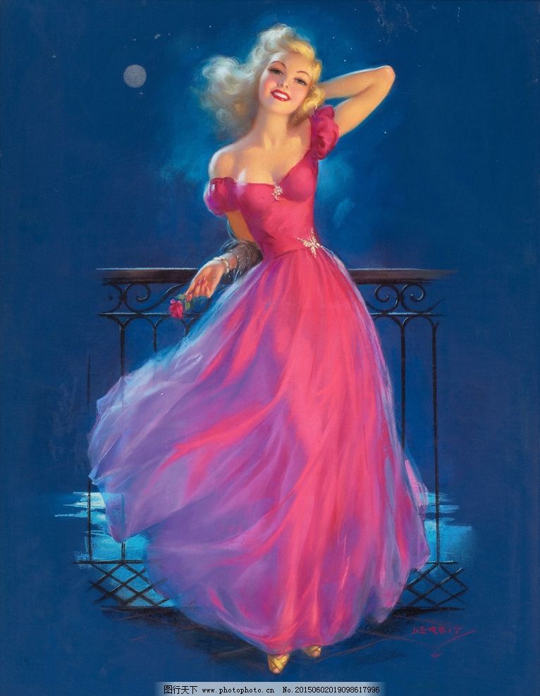 手拿玫瑰美女 裙子 月光 装饰画 无框画 欧式油画 油画美女 唯美
