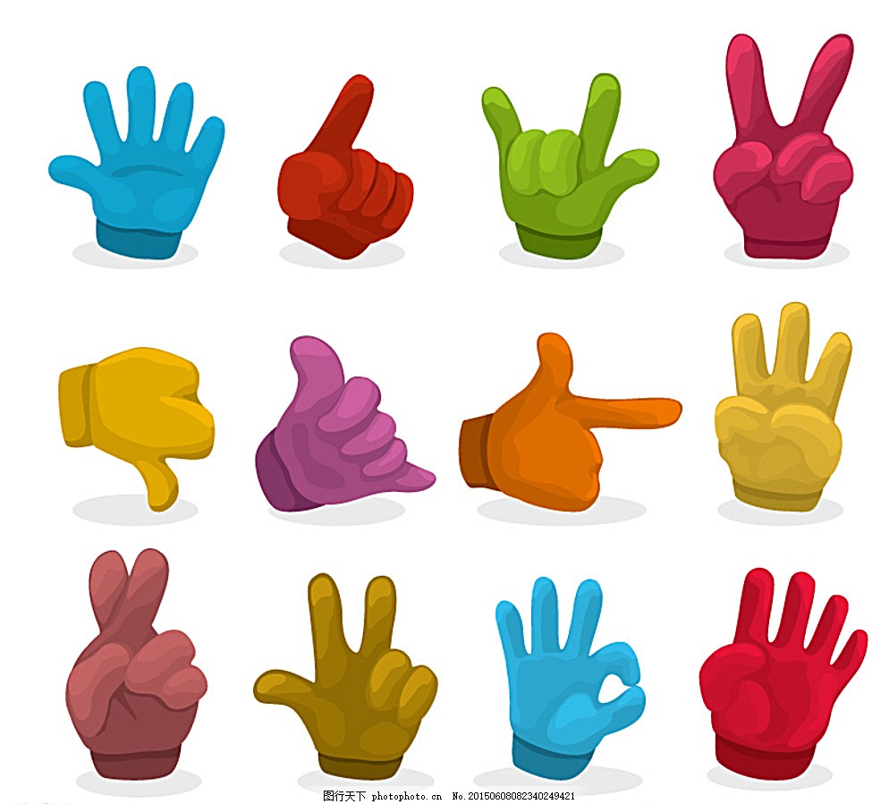 手势 手 彩色 举手 指向 同意 ok 鄙视 剪刀手 比数 数数 插画 背景