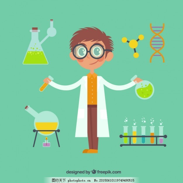 卡通科学家与化学元素,儿童 基因 实验室 原子 