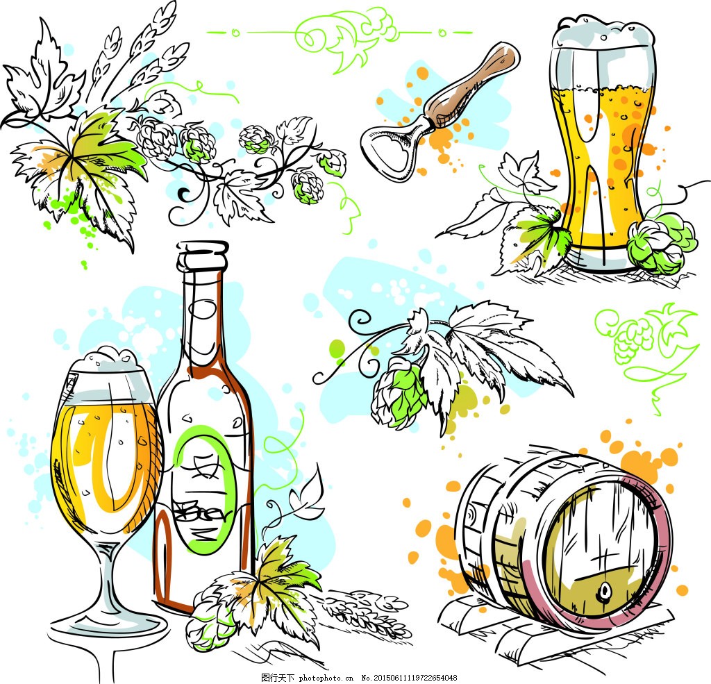 啤酒和啤酒花,手绘 素描 饮料 白色-图行天下图库