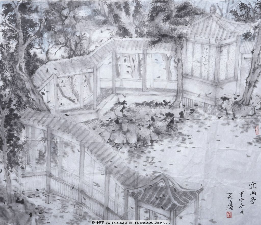 宜两亭 山水小品 院子 水墨山水画 山水国画 风景画 写意画 古画