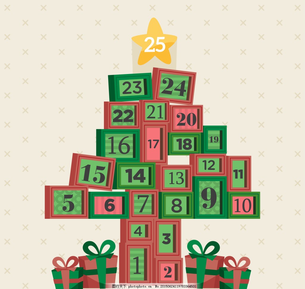 矢量数字方块圣诞树造型,礼物 盒子 白色-图行