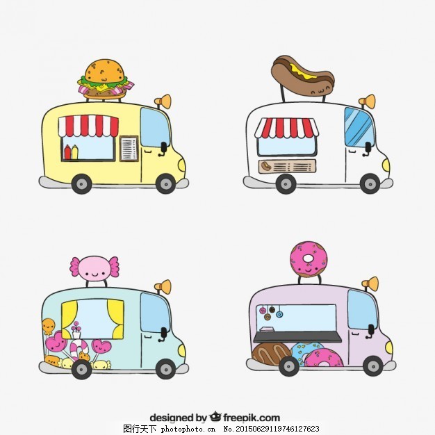 粗略的快餐车,食物方面 餐厅 手绘 卡车 汉堡 甜